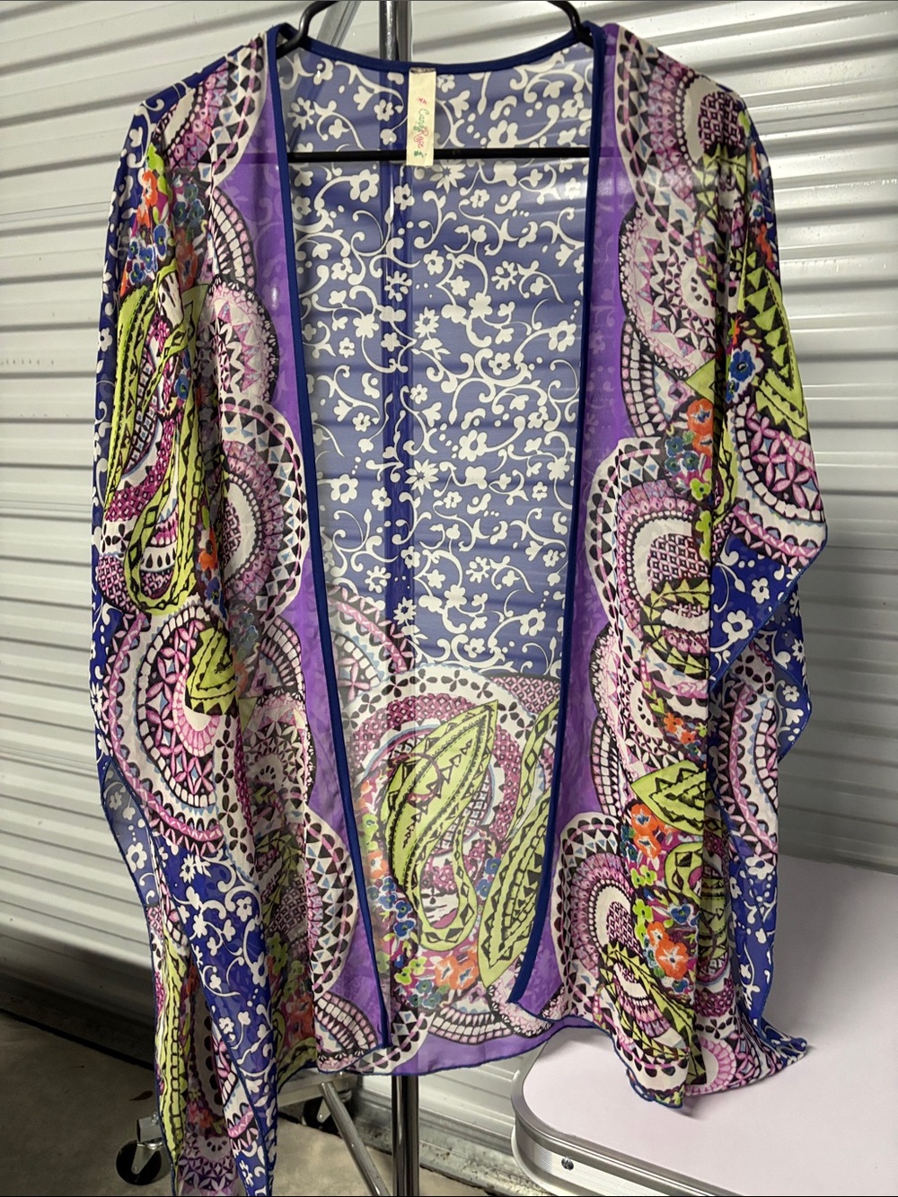 Sheer Printed Kimono Cardigan in Navy, Purple & Lime